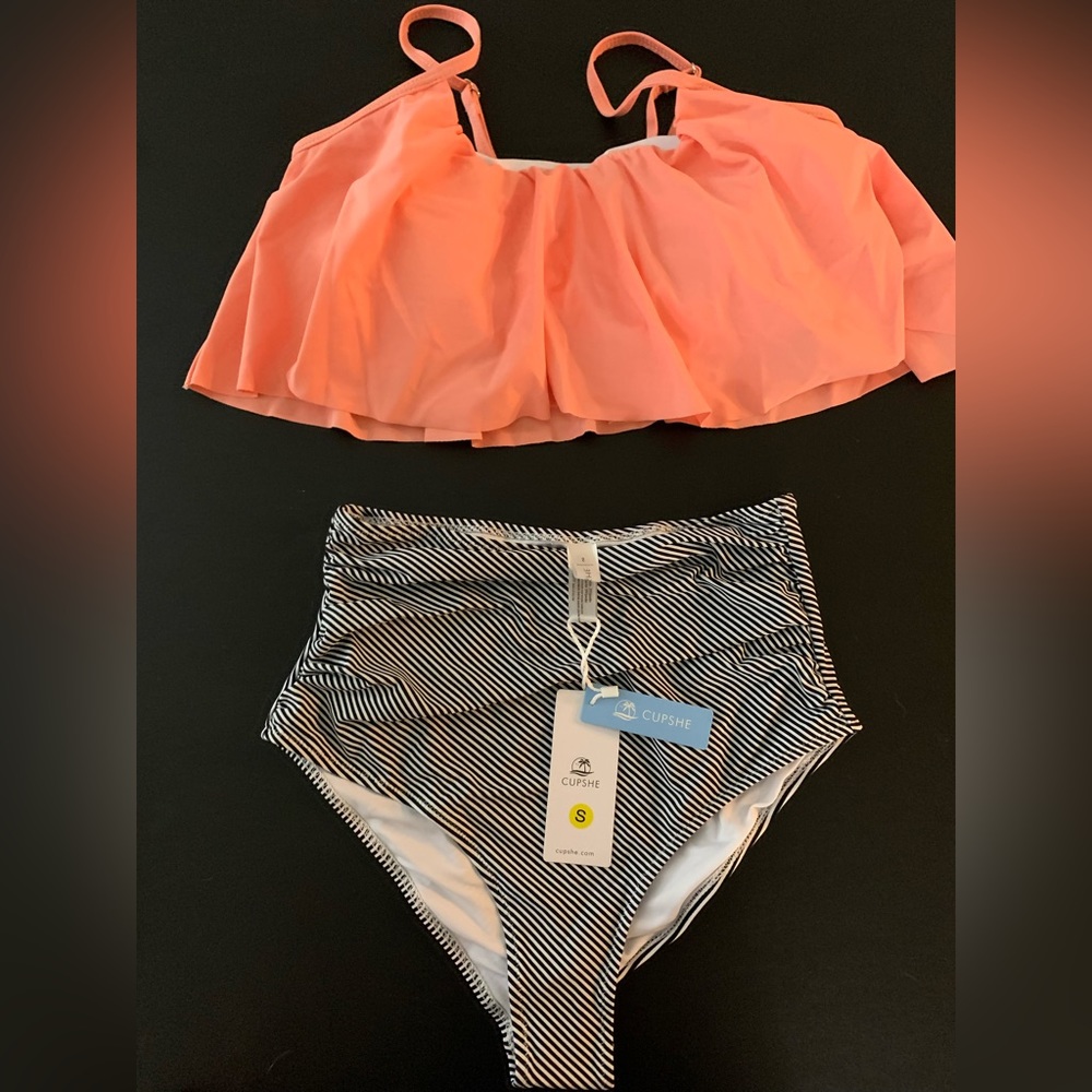 NWT Cupshe Coral and black and white high waisted two piece